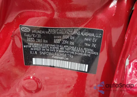 2020 Hyundai Elantra Sel z USA, uszkodzony, nr VIN 5NPD84LF6LH587796